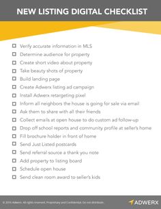 the new listing checklist is shown in yellow and white, with an orange arrow pointing to