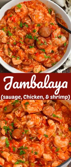 shrimp, sausage and shrimp stew in a skillet with the words must try jambaalaya