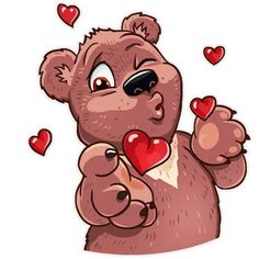 a brown teddy bear holding a red heart in its paws with hearts flying around it