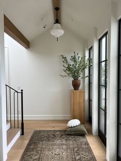 an area rug on the floor in front of a door