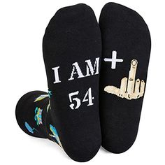 Birthday SocksThese socks feature birthday gifts, balloons, cakes, and other elements on the top, while the bottom is sewn with a hilarious hidden message: “I AM 54+”. They make great birthday gifts for those who are 55 years old.Size & PackageOur unisex design fits most men's US size 6-13 feet and most women's US size 7 and up. Each pair of happy birthday socks comes in a plastic zippered bag.Quality MaterialOur funny saying socks are made of 80% combed cotton, 17% polyamide, and 3% spa... Medical Socks, 45th Birthday Gifts, 55th Birthday Gifts, Food Socks, 55 Years Old, 55th Birthday, 45th Birthday, Holiday Socks, Zippered Bag