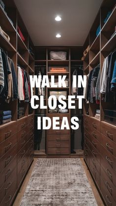 a walk in closet with clothes and rugs on the floor that says, walk in closet ideas