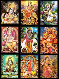 the nine avatars of hindu deities in different styles and colors, all with their respective names