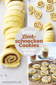 some cookies are cut in half and placed on top of each other with the words, yummy zumt - schnecken cookies voder roll