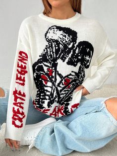 Halloween Skeleton & Letter Pattern Drop Shoulder Sweater White Casual  Long Sleeve Knitwear Animal,Cartoon,Figure,Letter,Plants Pullovers Non-Stretch  Women Clothing, size features are:Bust: ,Length: ,Sleeve Length: