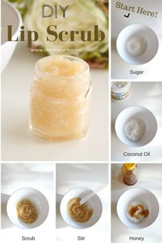 DIY Sugar Lip Scrub - made with sugar, coconut oil, and honey.  www.chronicurls.com Joululahjat Diy, Diy Lip Scrub, Obličejové Masky, Lip Scrub Recipe, Săpunuri Handmade, Lip Scrub Diy, Makeup Tip, Coconut Oil Uses, Lip Scrubs