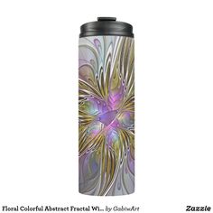 a colorful abstract fractal design on a stainless steel tumbler cup with lid