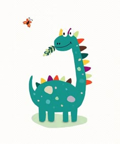 a cartoon dinosaur with an insect flying by