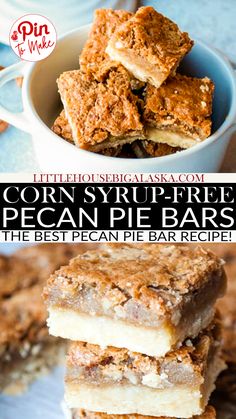 three different types of pecan pie bars stacked on top of each other with text overlay