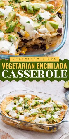 Quick and easy comfort food recipe! This Vegetarian Enchilada Casserole recipe features hearty layers of soft tortillas, rich homemade enchilada sauce, and a flavorful mix of vegetables and black beans. Topped with melty cheddar and fresh garnishes. Pin this cozy dinner idea now! Healthy Enchilada Casserole, Hearty Fall Meal, Quick And Easy Comfort Food, Vegetarian Enchilada, Vegetarian Enchilada Casserole, Vegetarian Casserole Recipes, Soft Tortillas, Vegetable Enchiladas, Vegetarian Casserole