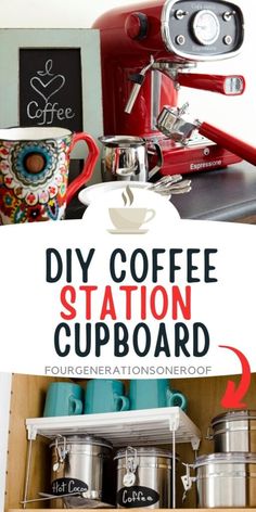 the diy coffee station cupboard is organized and ready to be used