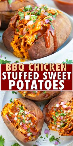 this is an image of stuffed sweet potatoes with bbq chicken