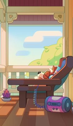 a cartoon character is sleeping on a couch in front of a window with an air conditioner next to it