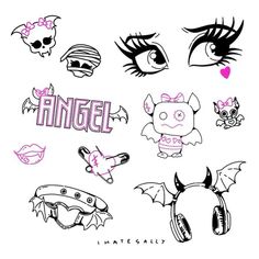 some stickers that are on top of a white sheet with the word angel written in it