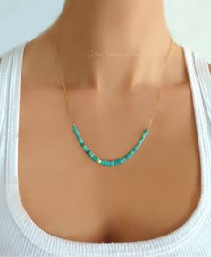 "* D E T A I L S * Dainty Beaded Turquoise Necklace * Made with Genuine Heishi Turquoise 100% Sterling Silver, Gold Fill or Rose Gold Fill Pretty gemstones are attached to a sparkling and dainty chain. Perfect for layering with other necklaces! * Shown on model at 19\" length * Chain is sparkly and dainty and is available in sterling silver, 14k gold fill or rose gold * Measure and choose the right length for you * Necklace closes with a sterling silver or 14k gold fill spring clasp * This neckl Glass Palace, Turquoise Bar Necklace, Turquoise Bar, Genuine Turquoise, Lariat Necklace, Matching Bracelets, Opal Necklace, Bar Necklace, Necklace For Women