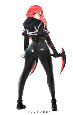 an anime character with red hair and black catsuits