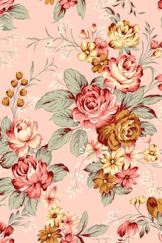 a pink and yellow floral wallpaper with lots of flowers