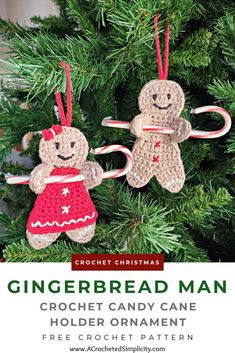 crochet gingerbread man ornament on a christmas tree with text overlay