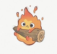 a cartoon character holding a piece of wood with fire on it's face and eyes