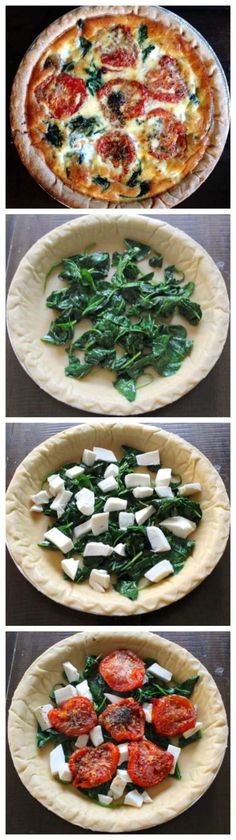 four different types of pizzas with cheese and spinach toppings on each one