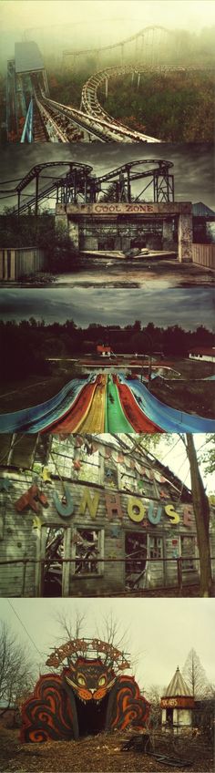 three different images of an abandoned amusement park and the same one is in color, with multiple