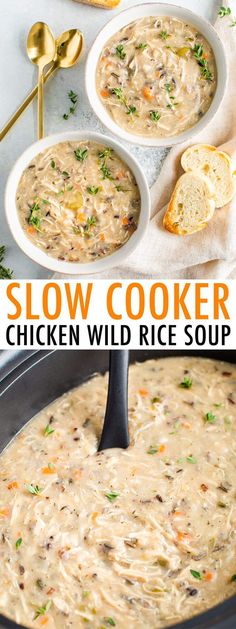 slow cooker chicken wild rice soup in a crock pot with two spoons