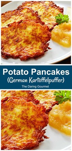 two plates with some food on them and the words potato pancakes german kaufflepuffer