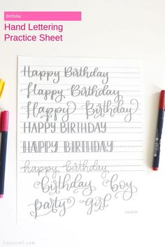 hand lettering practice sheet for birthdays and other special occasions with markers, crayons, and pencils