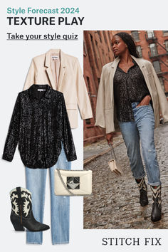 Try out different, contrasting textiles in one outfit for an unexpected, yet visually impactful look. Add together faux leather pants, metallic tops, embroidered clothes and so much more to your 2024 looks at Stitch Fix. Free shipping & returns. No subscription required. Metallic Tops, Casual Country Outfits, Stylist Outfit, American Mom, Comfort Fashion, Travel Comfort, Mob Wife, Denim Style, Embroidered Clothes