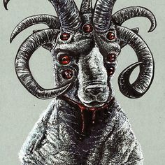 a drawing of a ram with red eyes