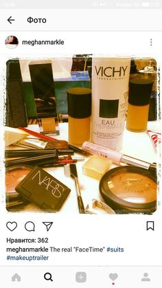 the table is covered with makeup and other items for sale on instagram, including an empty bottle