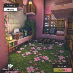 an image of a room in the minecraft style with pink walls and green flooring