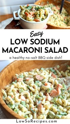 two pictures with different types of macaroni salad in them and the words easy low so