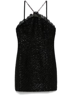 black knitted construction metallic threading halterneck concealed rear hook and zip fastening sleeveless rhinestone-embellished shoulder straps bow detailing lace trim dart detailing fitted waistline full lining A-line straight hem thigh-length Self Portrait Clothing, Portrait Dress, Halterneck Mini Dress, Dresses Short, Halter Mini Dress, Dolce E Gabbana, Black Knit, Designer Outfits Woman, Cocktail Dress Party