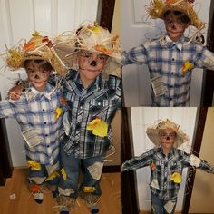 three pictures of two boys wearing scarecrows and hats