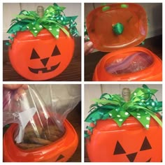 four pictures of pumpkins with plastic bags in them and one has a green bow on it