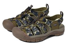 KEEN Newport H2 - Men's Sandals : Camo/Olive Drab : Like the Newport, the H2 is designed for function. The all synthetic upper is extremely durable and quick drying. The patent pending toe guard offers more protection than any other sport sandal, and the multi-lug outsole will serve you well on the street, trail, river bed or boat deck. A hydrophobic foam lining is comfortable against the foot, and will not absorb water. Non marking outsole rubber compound provides superior coefficient of fricti Water Shoes Women Keen, Hiking Shoes Keen, Gore-tex Steel Toe Hiking Boots For Outdoor, Gore-tex Hiking Boots With Steel Toe For Hunting, Gore-tex Hiking Boots With Reinforced Toe For Outdoor, River Bed, Sport Sandals, Mens Sandals, Newport