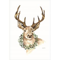 a watercolor painting of a deer with antlers on it's head and wreath around its neck