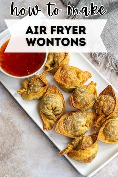 how to make air fryer wontons on a white plate with dipping sauce