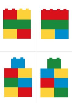 four different colored blocks are arranged in the shape of a legos house, and one is