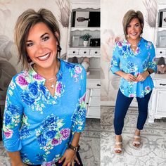 Some tops make a subtle statement. This isn’t one of them. While its notched V-neck and 3/4 sleeves keep things chic. Pair this top with your favorite distressed denim for a laid-back boho vibe or a structured blazer for a splash of color in the... Blue Trendy Top With 3/4 Sleeves, Chic Blue Split Neck Blouse, Trendy Blue Tops For Casual Gatherings, Blue Split Neck Blouse For Fall, Spring Casual Gatherings Tops With 3/4 Sleeves, Spring 3/4 Sleeve Tops For Casual Gatherings, Chic Blue Tops With 3/4 Sleeve, 3/4 Sleeve Tops For Spring Casual Gatherings, 3/4 Sleeve Tops For Casual Spring Gatherings