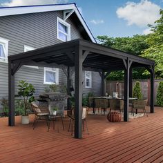 a covered patio area with chairs and tables