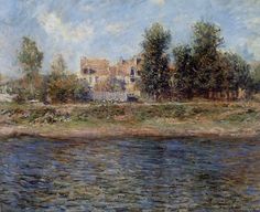 a painting of a house by the water