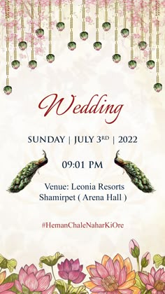 the wedding party flyer is shown with flowers and peacocks in pink, yellow and green colors