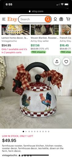 an image of a tea kettle with bows on it's handle and price tag