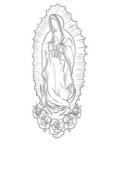 the virgin mary with roses in front of it, outlined on a white paper background