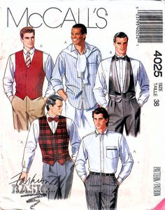 MCCALL'S 4025: Use this late 1980s vintage sewing pattern for men to sew a fine shirt with collar variations, fitted vest or weskit, tuxedo vest, bow tie, and necktie. Scroll down to learn more about the size, condition, and garment details. SIZE INFORMATION: Men Size 38 Chest 38 inches Waist 32 inches Hip 39 inches Sleeve length 33 inches PATTERN CONDITION: COMPLETE, UNUSED (instructions and all pattern pieces (uncut and in original factory folds)) GARMENT INFORMATION: Shirt v. A-B details: - u 80s Clothes Men, Shirt Pattern For Men, 1980s Fashion Men, Sewing Pattern Long Sleeve, Sewing Pattern For Men, 1980s Mens Fashion, 1960s Fashion Mens, Vintage Vogue Fashion, Bow Tie Men