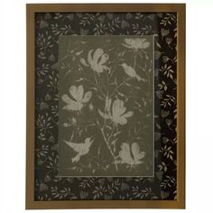 a black and white painting with birds on it's border in a wooden frame