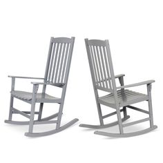 two wooden rocking chairs sitting next to each other on a white background with no one in it