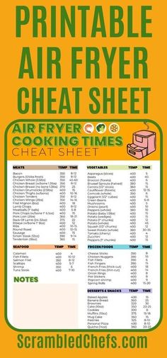 the printable air fryer sheet is shown in green and yellow with instructions for cooking times